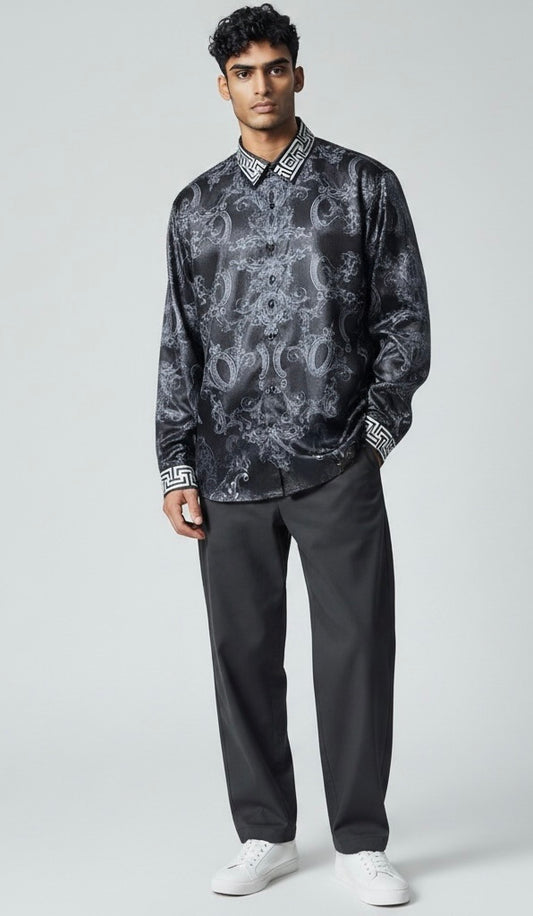 Size Large Benziny BLACK/GRAY Polyester Paisley Long Sleeve Shirt