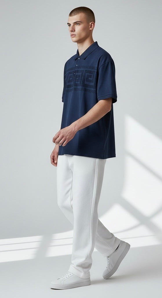 Pavini Navy Print Cotton Blend Venetian Greek Short Sleeve Pullover