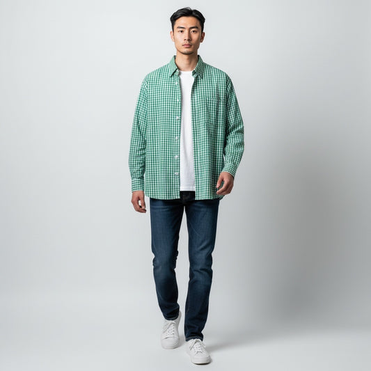Size XL Haggars Green/White Cotton Checkered Long Sleeve Shirt