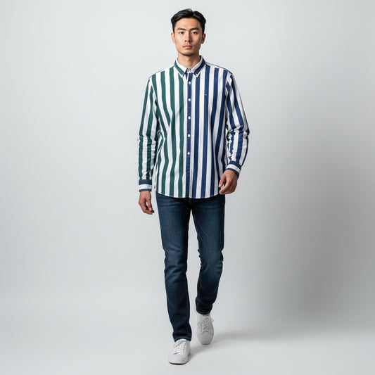 Size M Tommy Hilfiger Blue/Green/White Cotton Long Sleeve Button Down