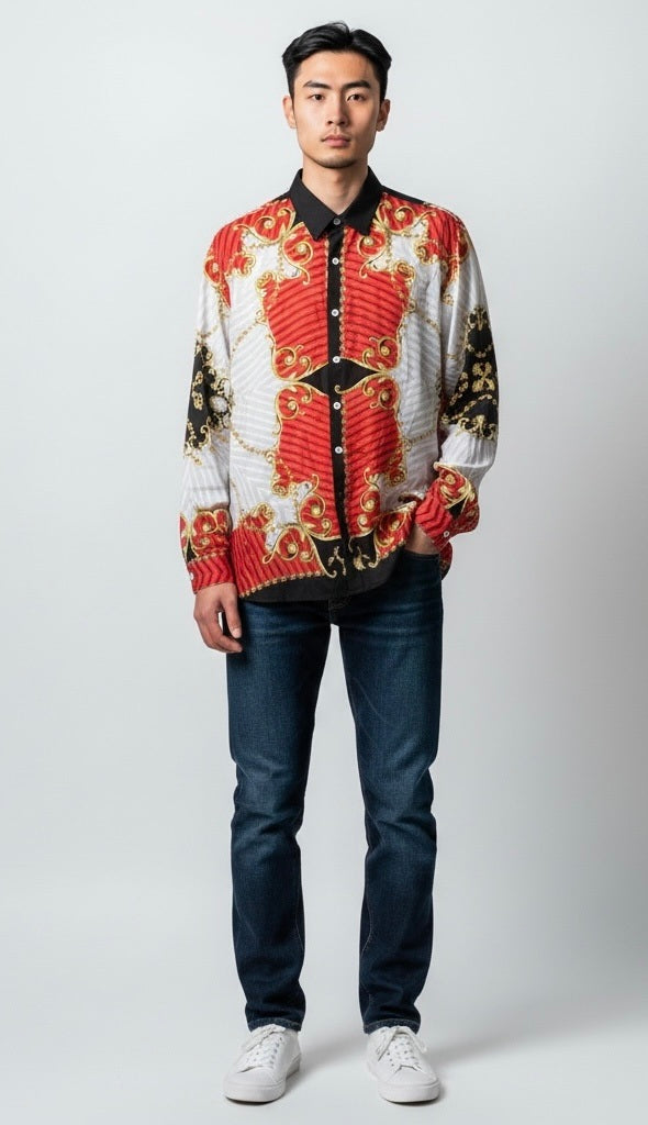 Size L Andiamo Red/Black/Gold Polyester Argyle Long Sleeve Shirt