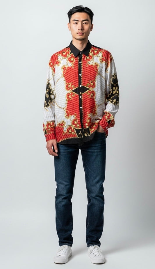 Size L Andiamo Red/Black/Gold Polyester Argyle Long Sleeve Shirt