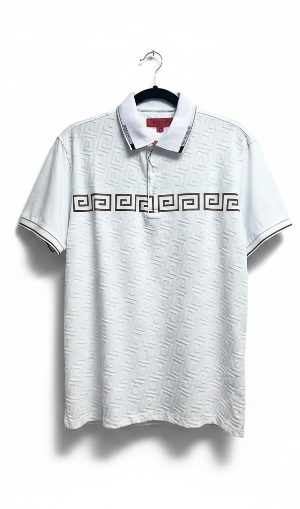 Pavini White/Gold Cotton Blend Venetian Greek Short Sleeve Pullover