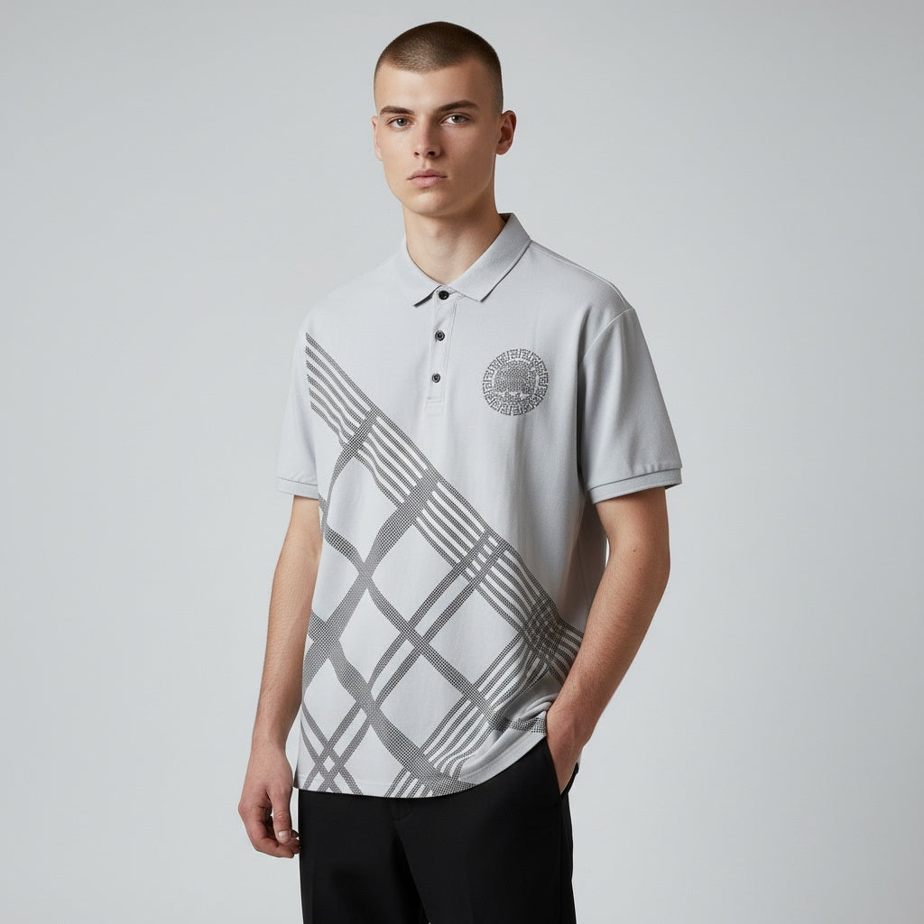 Size L Platini White/Black Cotton Geometric Short Sleeve Shirt