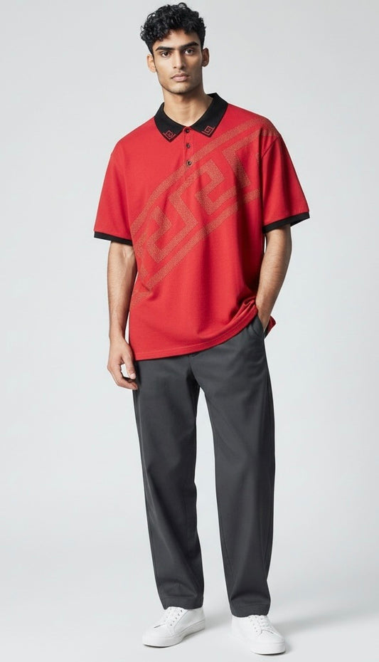 Size L Azaro Uomo Red/Black Cotton Geometric Short Sleeve Shirt