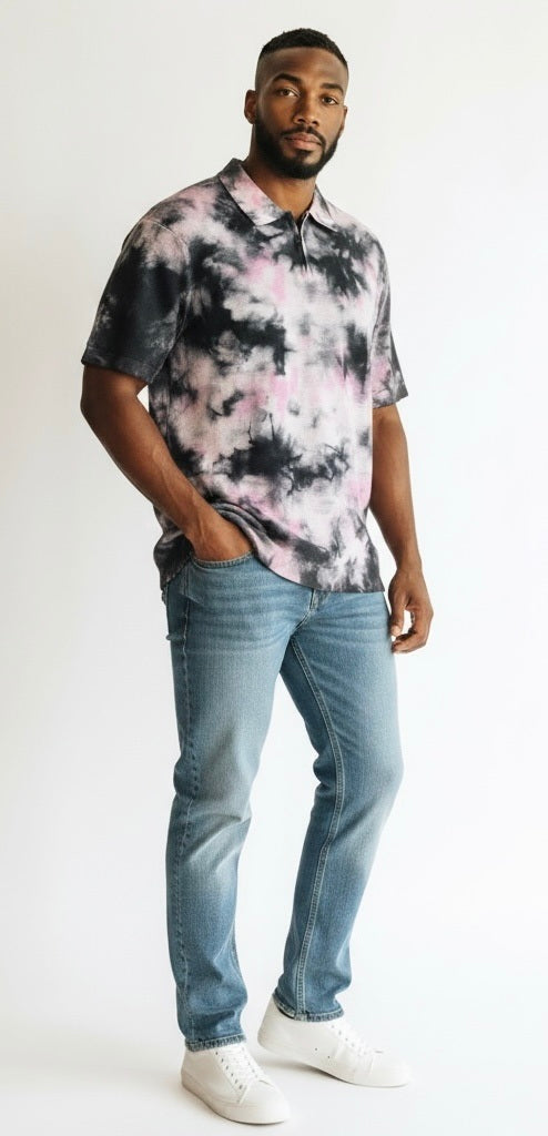 Size L Prestige Black/Pink Cotton Splash Short Sleeve Shirt
