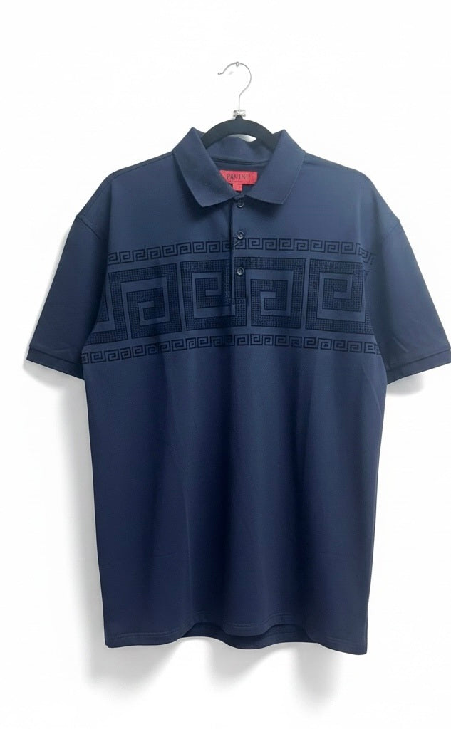 Pavini Navy Print Cotton Blend Venetian Greek Short Sleeve Pullover