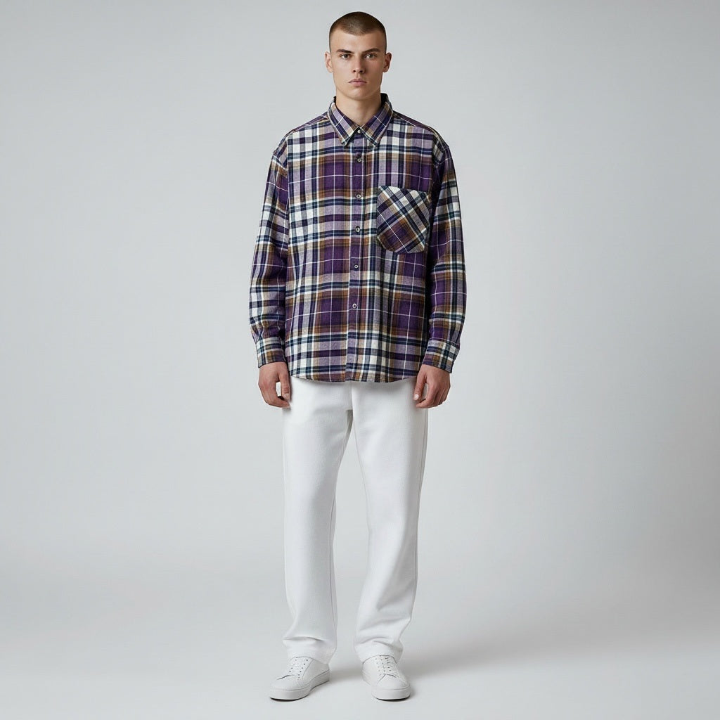 Size XXL Fourcast Purple/White Cotton Square Stripes Long Sleeve Shirt