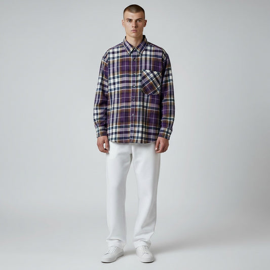 Size XXL Fourcast Purple/White Cotton Square Stripes Long Sleeve Shirt