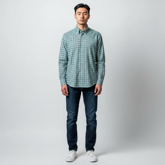 Size XL RALPH LAUREN Blue/Green/White Cotton Checkered Long Sleeve Shirt