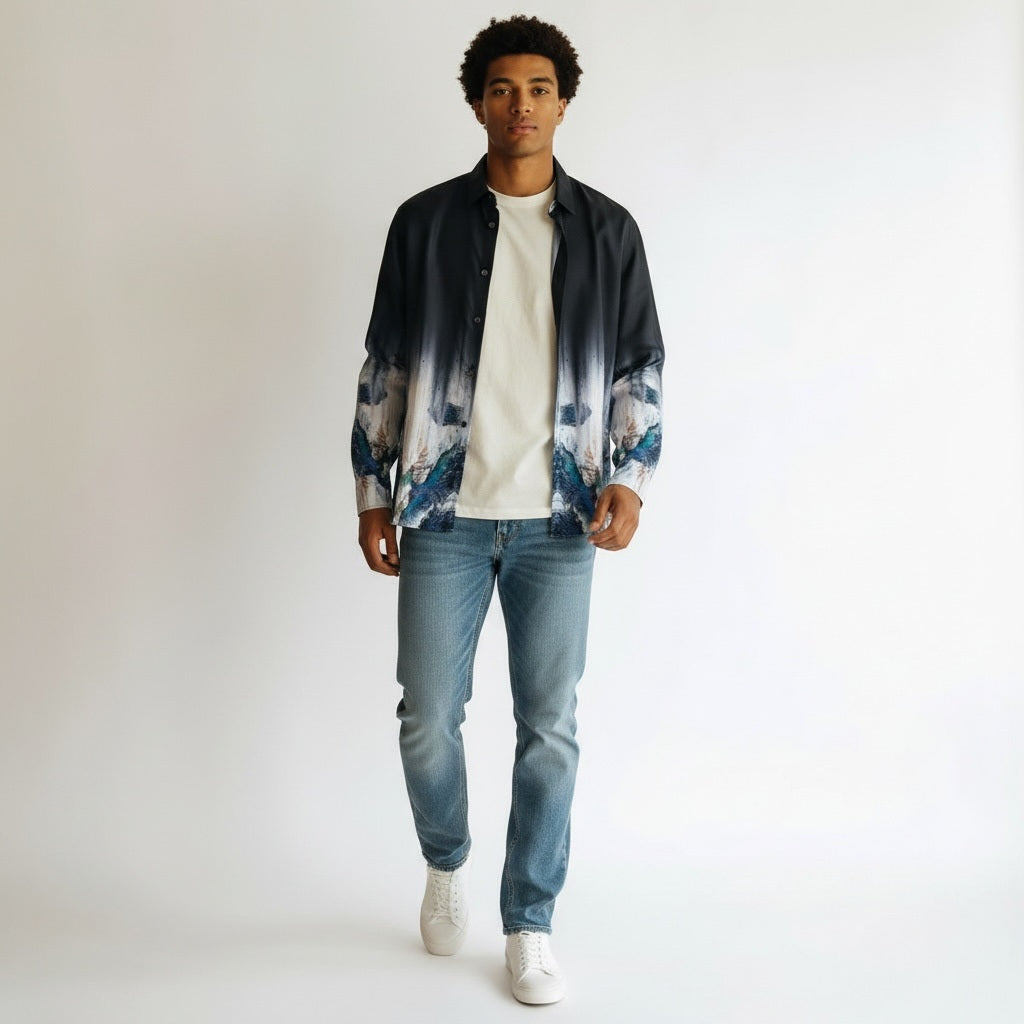 Size 2XL DE-NIKO Black Print Cotton Blend Print Long Sleeve Shirt