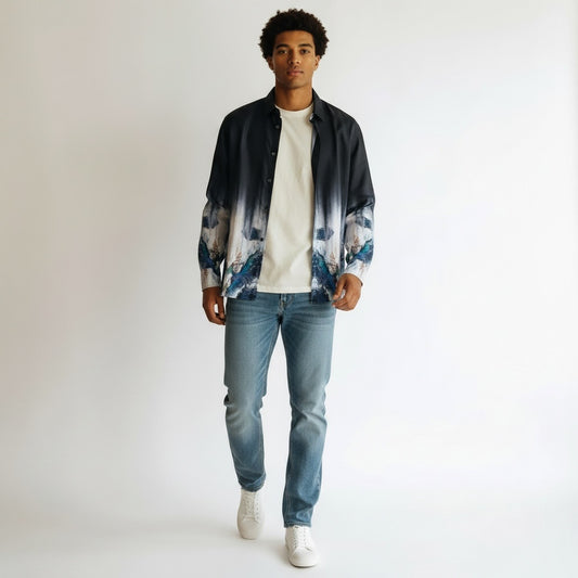 Size 2XL DE-NIKO Black Print Cotton Blend Print Long Sleeve Shirt