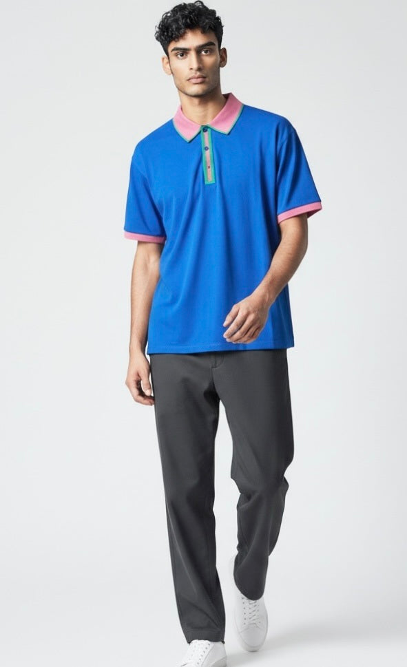 Pavini Blue/Pink/Red Cotton Blend Two Tone Short Sleeve Pullover