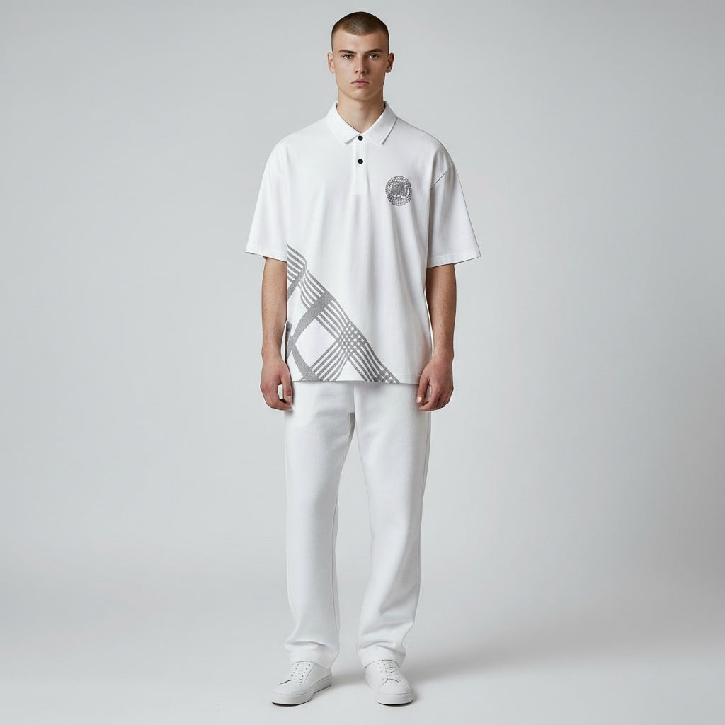 Size L Platini White/Black Cotton Geometric Short Sleeve Shirt