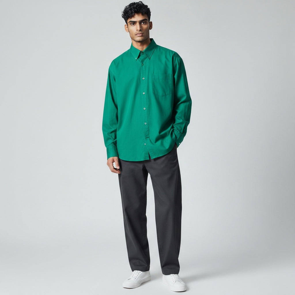 Size XXL Noiz Green Cotton Solid Long Sleeve Shirt