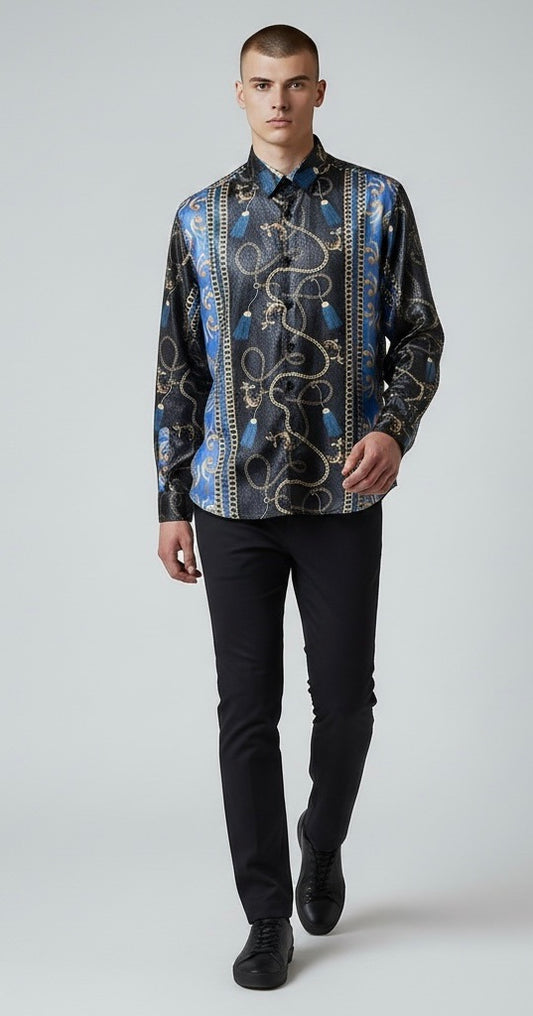 Pavini Black/Gold/Blue Cotton Blend Venetian Greek Long Sleeve Button Down