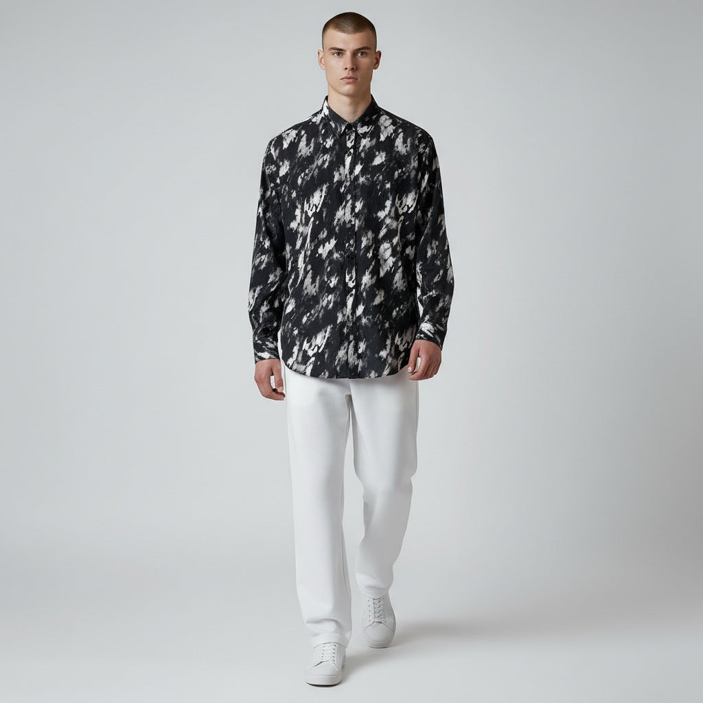 Size XL INC Black/White Polyester Blend Abstract Long Sleeve Shirt