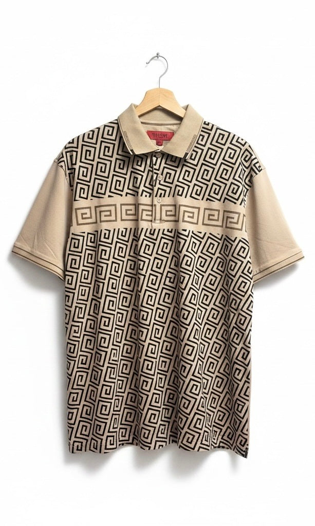 Pavini Black/Beige Cotton Blend Venetian Greek Short Sleeve Pullover