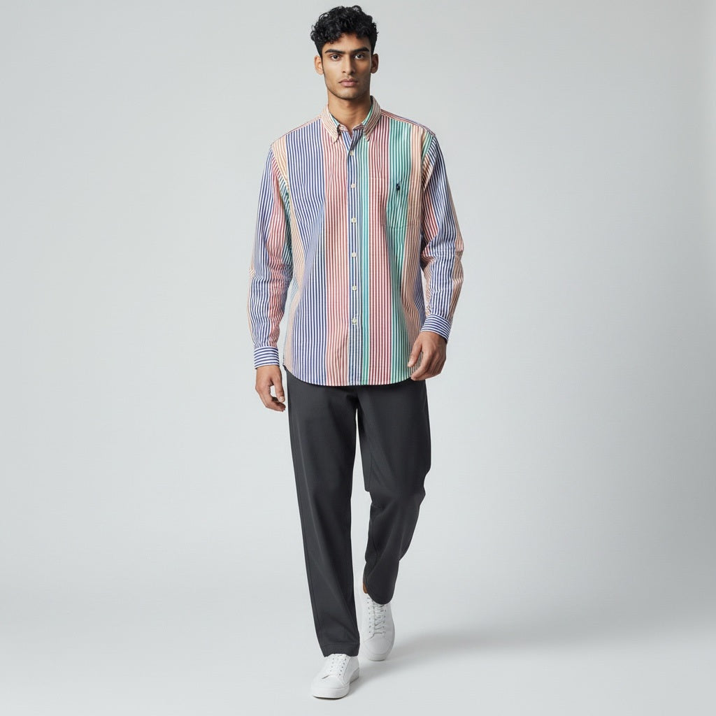 Size XL/Tall RALPH LAUREN Multi-Color Cotton Stripes Long Sleeve Shirt