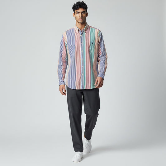 Size XL/Tall RALPH LAUREN Multi-Color Cotton Stripes Long Sleeve Shirt
