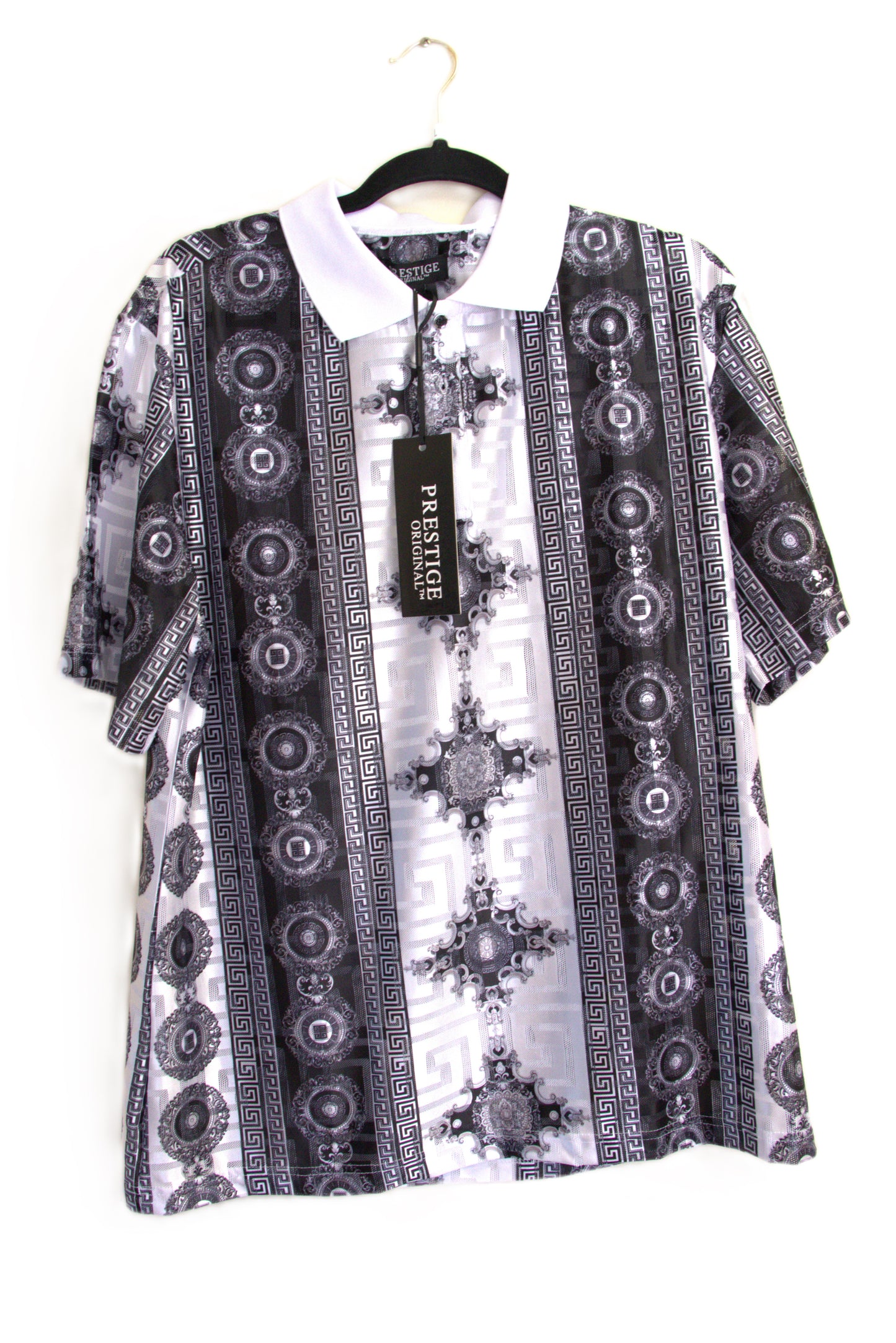 Prestige Black/White Rayon Blend Venetian Greek Short Sleeve Pullover