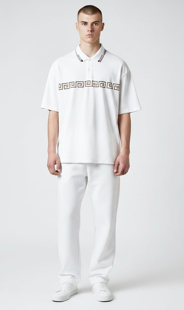 Pavini White/Gold Cotton Blend Venetian Greek Short Sleeve Pullover