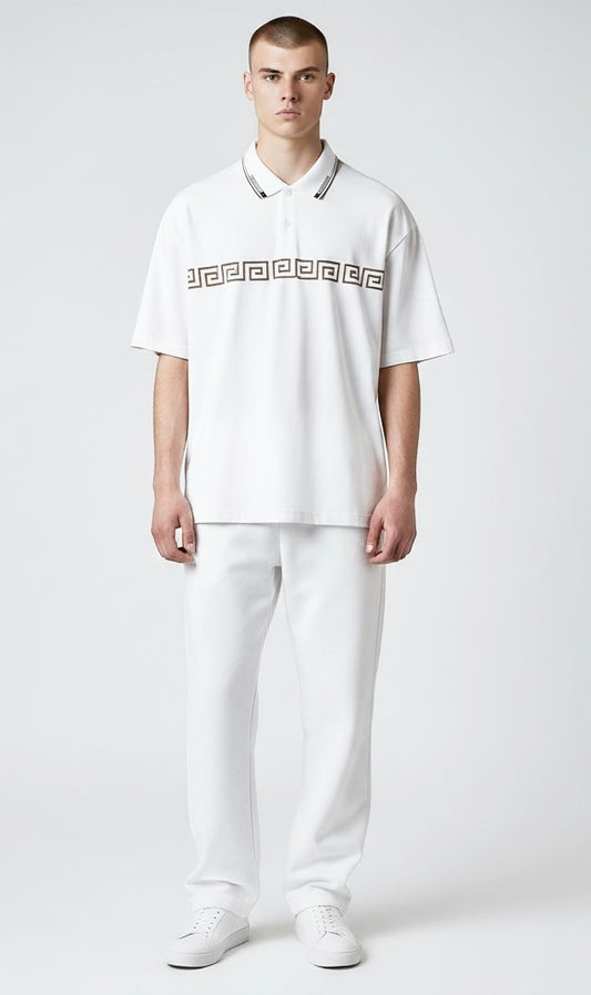 Pavini White/Gold Cotton Blend Venetian Greek Short Sleeve Pullover