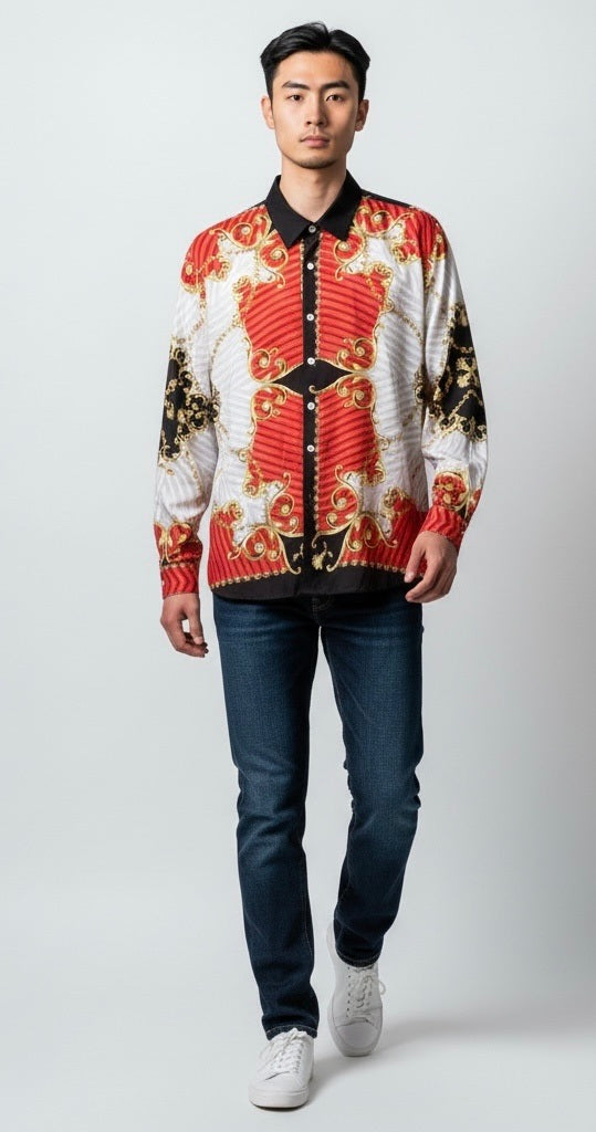Size L Andiamo Red/Black/Gold Polyester Argyle Long Sleeve Shirt