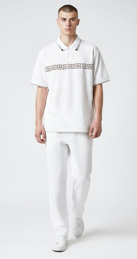 Pavini White/Gold Cotton Blend Venetian Greek Short Sleeve Pullover