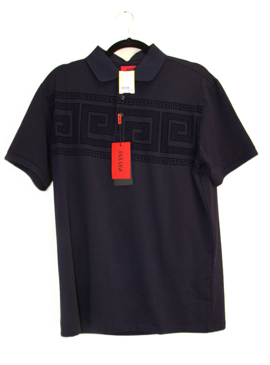 Pavini Navy Print Cotton Blend Venetian Greek Short Sleeve Pullover