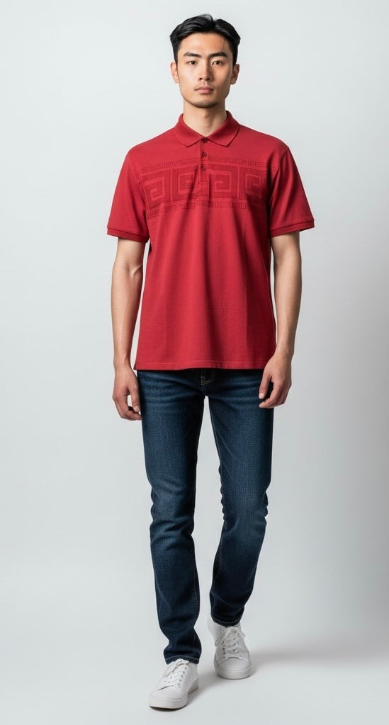Pavini Red Cotton Blend Venetian Greek Short Sleeve Pullover