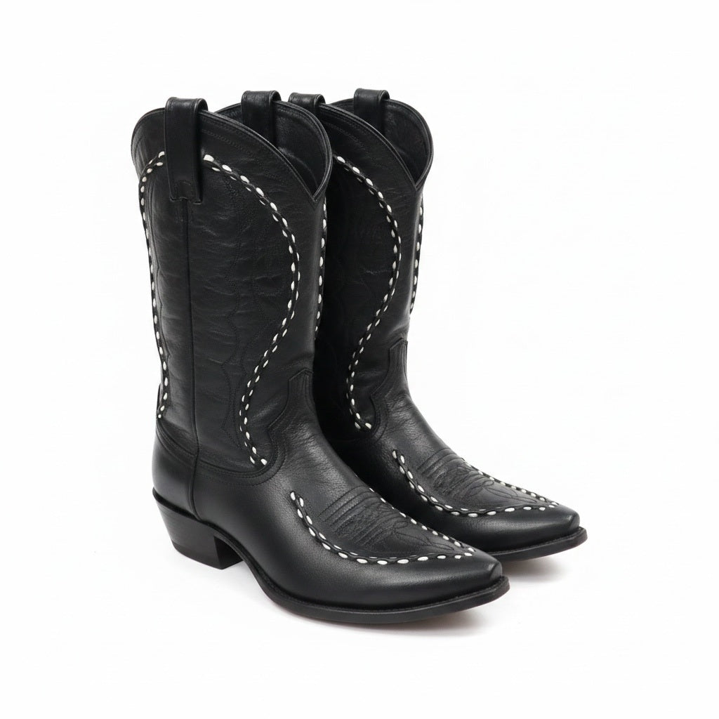 Shoe Size 11 Dan Post Black/White Leather Stitch Design Cowboy Boots