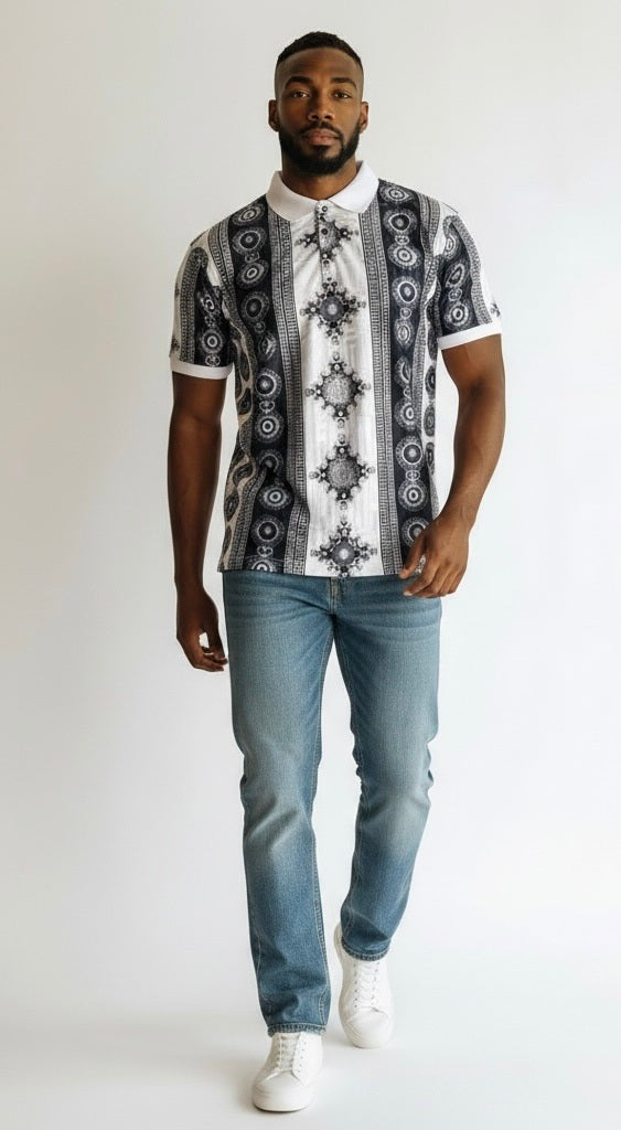 Prestige Black/White Rayon Blend Venetian Greek Short Sleeve Pullover