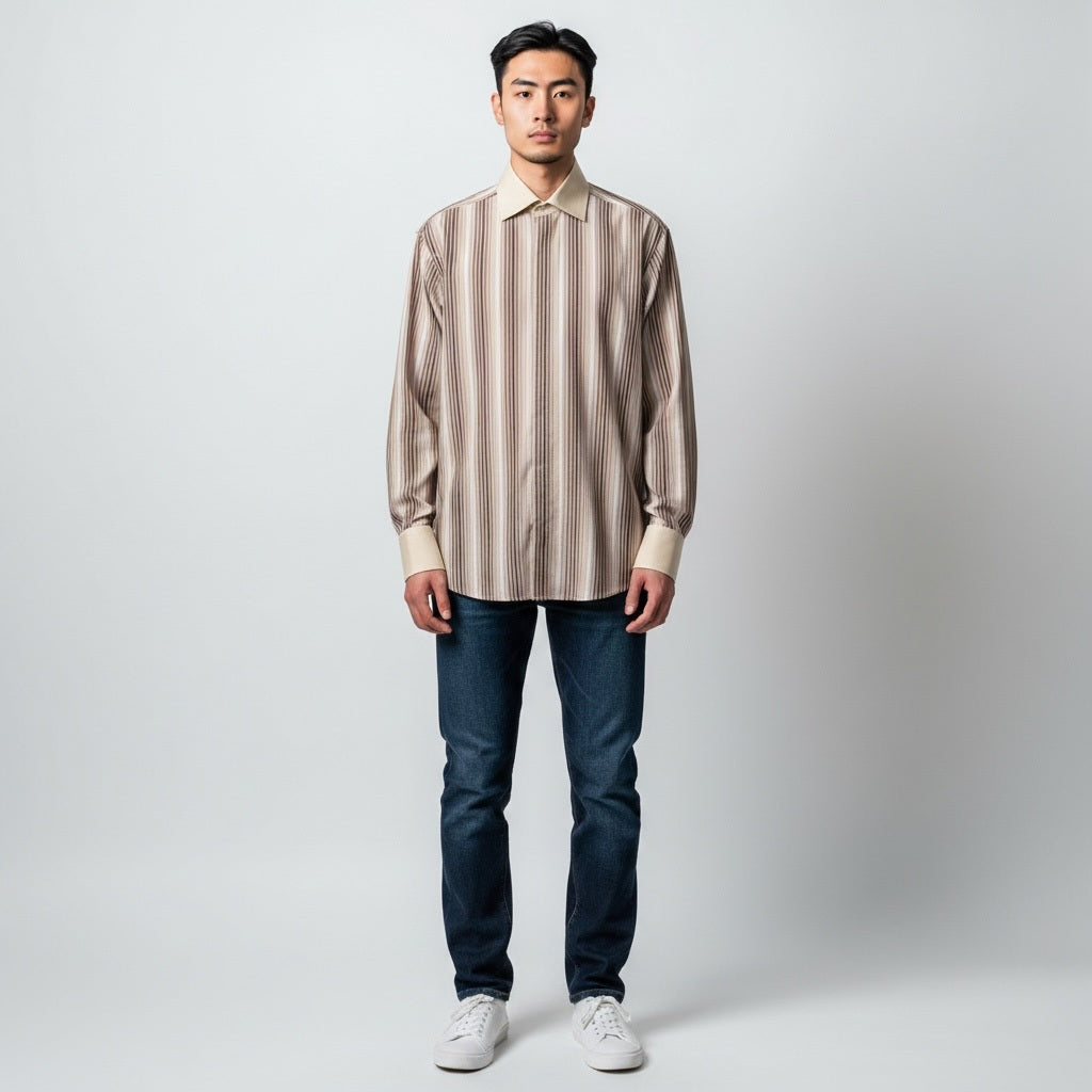 Size 161/2 34/35 Steven Land Tan/Burgundy/Red Cotton Long Sleeve Button Down