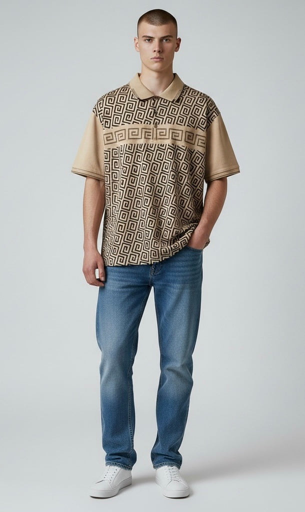 Pavini Black/Beige Cotton Blend Venetian Greek Short Sleeve Pullover