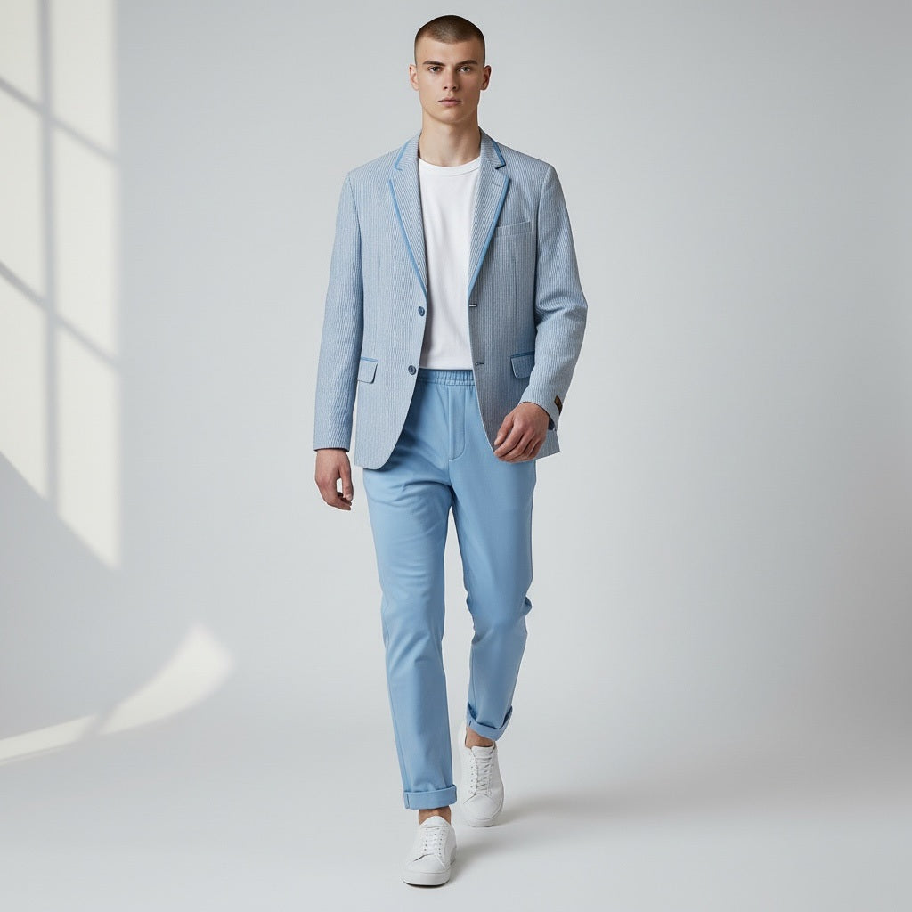 50 Vittorio St Angelo Blue/White Polyester Searsucker Suit