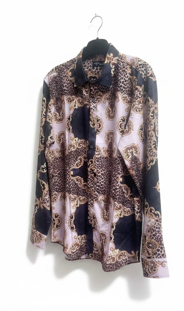 Size L VIP Black/Beige Polyester Blend Abstract Long Sleeve Shirt